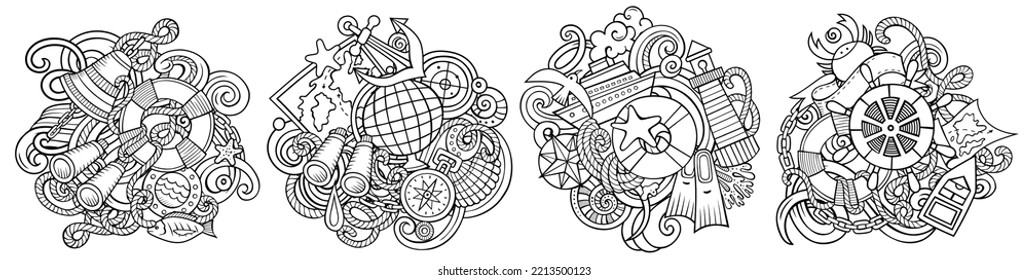 Nautical cartoon vector doodle designs set. Sketchy detailed compositions with lot of maritime objects and symbols. Isolated on white illustrations