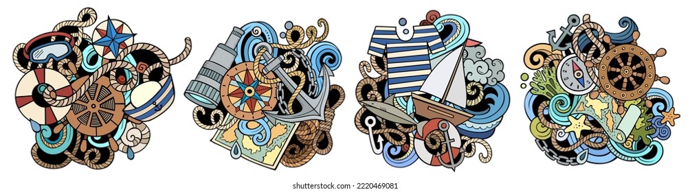 Nautical cartoon vector doodle designs set. Colorful detailed compositions with lot of maritime objects and symbols. Isolated on white illustrations