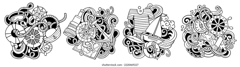 Nautical cartoon vector doodle designs set. Sketchy detailed compositions with lot of maritime objects and symbols. Isolated on white illustrations