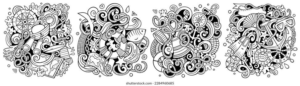 Diseños náuticos de vectores de dibujos animados. Composiciones detalladas con muchos objetos y símbolos marítimos.