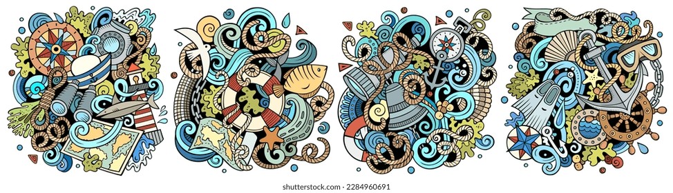 Nautical cartoon vector doodle designs set. Colorful detailed compositions with lot of maritime objects and symbols. Isolated on white illustrations
