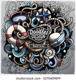 Nautical cartoon vector doodle illustration. Colorful detailed design with lot of objects and symbols. All elements separate