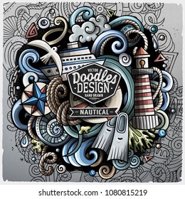 Nautical cartoon vector doodle illustration. Colorful detailed design with lot of objects and symbols. All elements separate