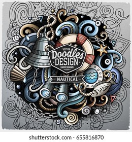 Nautical cartoon vector doodle illustration. Colorful detailed design with lot of objects and symbols. All elements separate