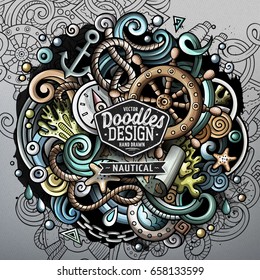 Nautical cartoon vector doodle illustration. Colorful detailed design with lot of objects and symbols. All elements separate