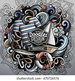 Nautical cartoon vector doodle illustration. Colorful detailed design with lot of objects and symbols. All elements separate