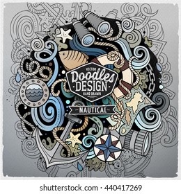Nautical cartoon vector hand drawn doodle illustration. Artistic detailed design with lot of objects and symbols. Square marine vector grunge composition