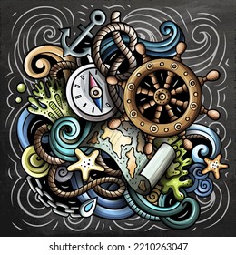 Nautical cartoon vector illustration. Chalkboard detailed composition with lot of Marine objects and symbols. All items are separate