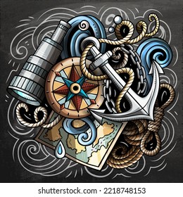 Nautical cartoon vector illustration. Chalkboard detailed composition with lot of Marine objects and symbols. All items are separate