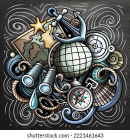 Nautical cartoon vector illustration. Chalkboard detailed composition with lot of Marine objects and symbols. All items are separate