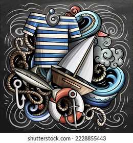 Nautical cartoon vector illustration. Chalkboard detailed composition with lot of Marine objects and symbols. All items are separate