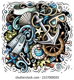 Nautical cartoon vector illustration. Colorful detailed composition with lot of Marine objects and symbols. All items are separate