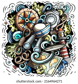 Nautical cartoon vector illustration. Colorful detailed composition with lot of Marine objects and symbols. All items are separate