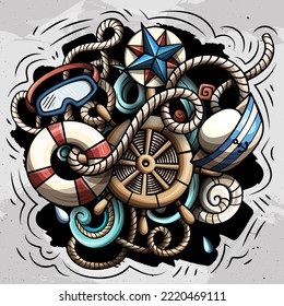 Nautical cartoon vector illustration. Colorful detailed composition with lot of Marine objects and symbols. All items are separate