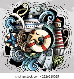 Nautical cartoon vector illustration. Colorful detailed composition with lot of Marine objects and symbols. All items are separate