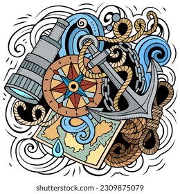 Nautical cartoon vector illustration. Colorful detailed composition with lot of Marine objects and symbols. All items are separate