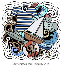 Nautical cartoon vector illustration. Colorful detailed composition with lot of Marine objects and symbols. All items are separate