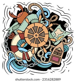 Nautical cartoon vector illustration. Colorful detailed composition with lot of Marine objects and symbols. All items are separate