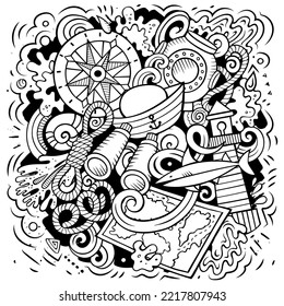 Nautical cartoon vector illustration. Sketchy detailed composition with lot of Marine objects and symbols. All items are separate
