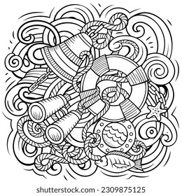 Nautical cartoon vector illustration. Sketchy detailed composition with lot of Marine objects and symbols. All items are separate