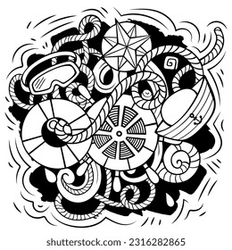 Nautical cartoon vector illustration. Sketchy detailed composition with lot of Marine objects and symbols. All items are separate