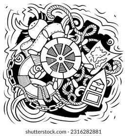 Nautical cartoon vector illustration. Sketchy detailed composition with lot of Marine objects and symbols. All items are separate
