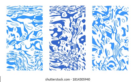 Nautical cartoonish abstract background set. Vertical blue rippled water surface, illusion, curvature. Liquid paint on canvas