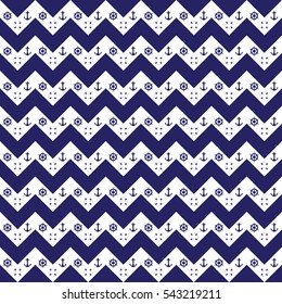 Nautical chevron seamless pattern vector arrows geometric design anchor life ring ship's wheel navy blue and white