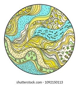 Nautical circle background. Zentangle. Coloring book. Zen art. Design for spiritual relaxation for adults. Mandala. Sea pattern with lines and waves. 