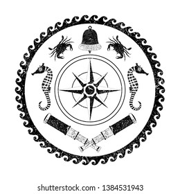 Nautical circle black and white poster. Cartoon style with grunge effects. Compass rose, Bell, telescope, crab, sea horse.