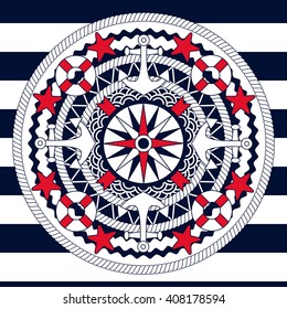 Nautical Circle Design On Striped Pattern. 