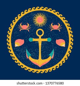 Nautical circle poster. Cartoon style with grunge effects. Anchor, sun, crab, shell. Round frame from waves
