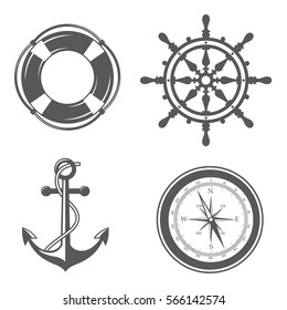 Nautical collection of anchor, ship helm, lifebuoy and compass. Vector illustration