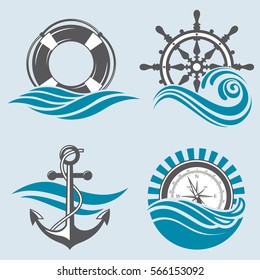 Nautical collection of anchor, ship helm, lifebuoy and compass. Vector illustration