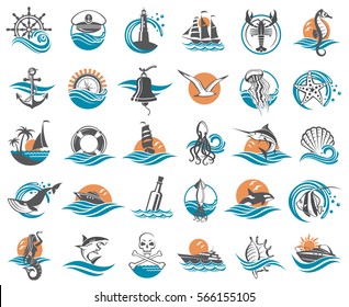 Nautical collection of design elements with ships, lighthouse, anchor, helm, lifebuoy, compass and sea life. Vector illustration