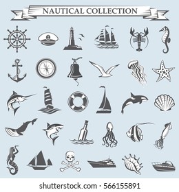 Nautical collection of design elements with ships, lighthouse, anchor, helm, lifebuoy, compass and sea life. Vector illustration