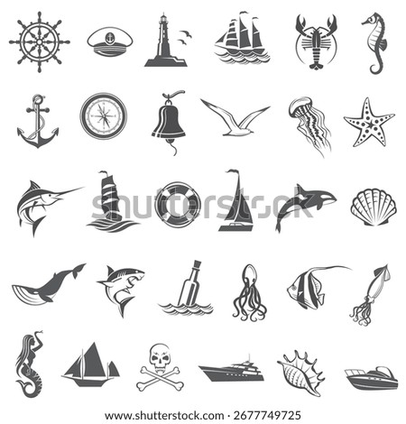 nautical collection of design elements with ships, lighthouse, anchor, helm, lifebuoy, compass and sea life