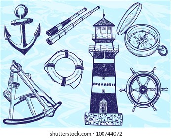 Nautical collection - hand-drawn illustration of lighthouse, life buoy, telescope, sextant, anchor, helm, compass