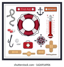 Nautical collection icons, first aid and rescue, lifebuoy, sticking plaster, compass and medicines, Isolated on white background vector