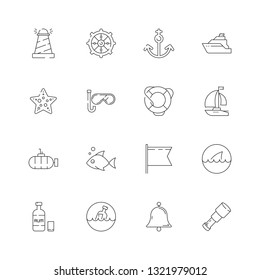 Nautical collection. Marine ocean sea shipping sailing symbols adventure captain cap boat wheel fish vector thin line icon