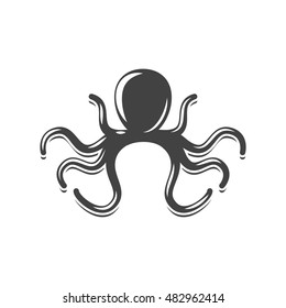 Nautical collection. Octopus black icon, logo element, flat vector illustration isolated on white background.