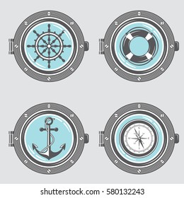 Nautical collection of portholes with anchor, ship helm, lifebuoy and compass. Vector illustration