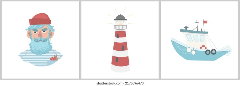 Nautical collection with a portrait of a sailor, his boat and a lighthouse. Childish vector illustration for apparel design, poster, wall art.
