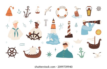 Nautical collection. Sea conquerors, Captains, sailors watching in the field scope, lighthouses, steering wheel, anchor, various ships, ship bell, lantern, gull birds, pole-star and doodles.