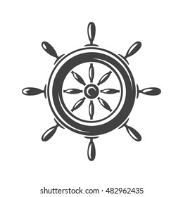 Nautical collection. Ship steering wheel. Black icon, logo element, flat vector illustration isolated on white background.