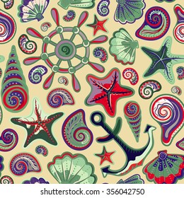 Nautical colorful background, bright seamless pattern with sea shells, anchor, wheel, starfish on beige backdrop