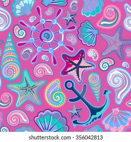 Nautical colorful background, bright seamless pattern with sea shells, anchor, wheel, starfish on pink  backdrop