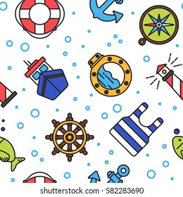 Nautical colorful flat line pattern with bubbles and white background