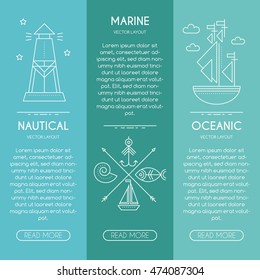Nautical company, ocean service, oceanic fishery - business banner design template with thin line style illustration of lighthouse, sailship, fishing symbol