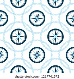 Nautical compass in a frame with a chain. Wind rose seamless pattern.